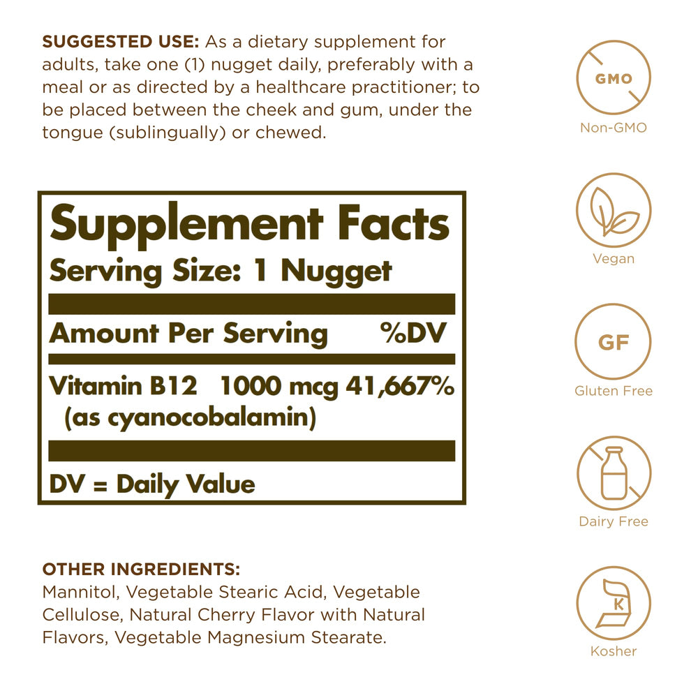 Solgar B12 nuggets close-up highlighting vegan, non-GMO formula