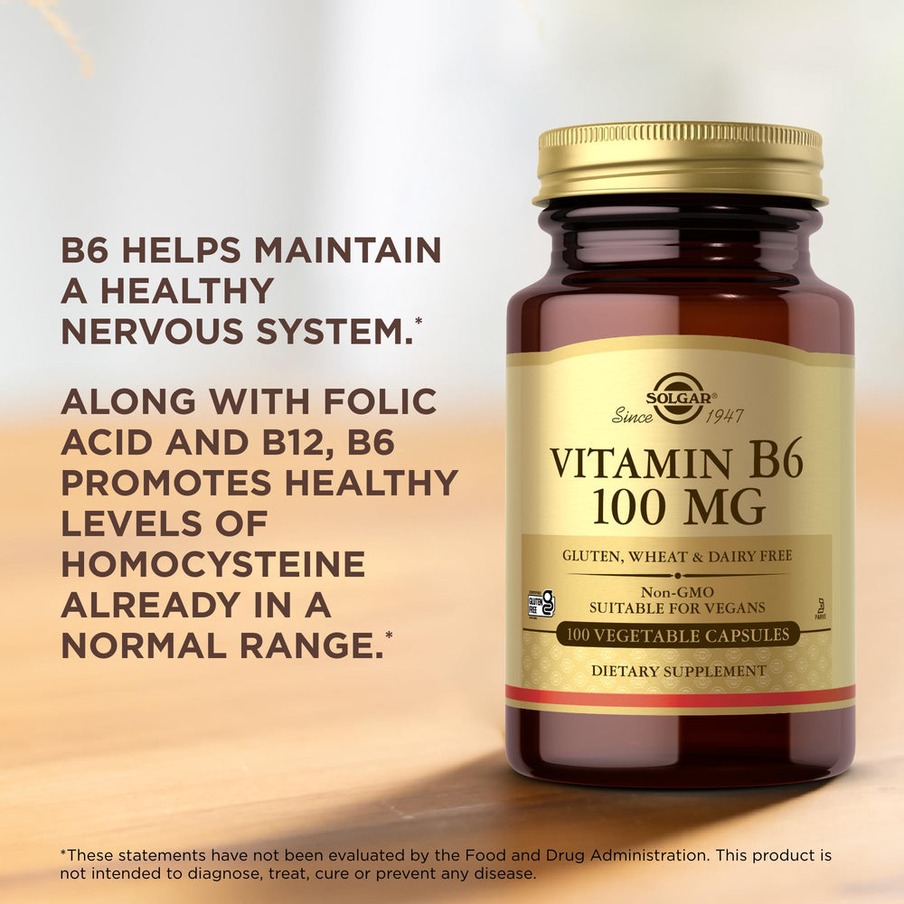 Solgar B6 100 mg capsules beside healthy foods for routine support