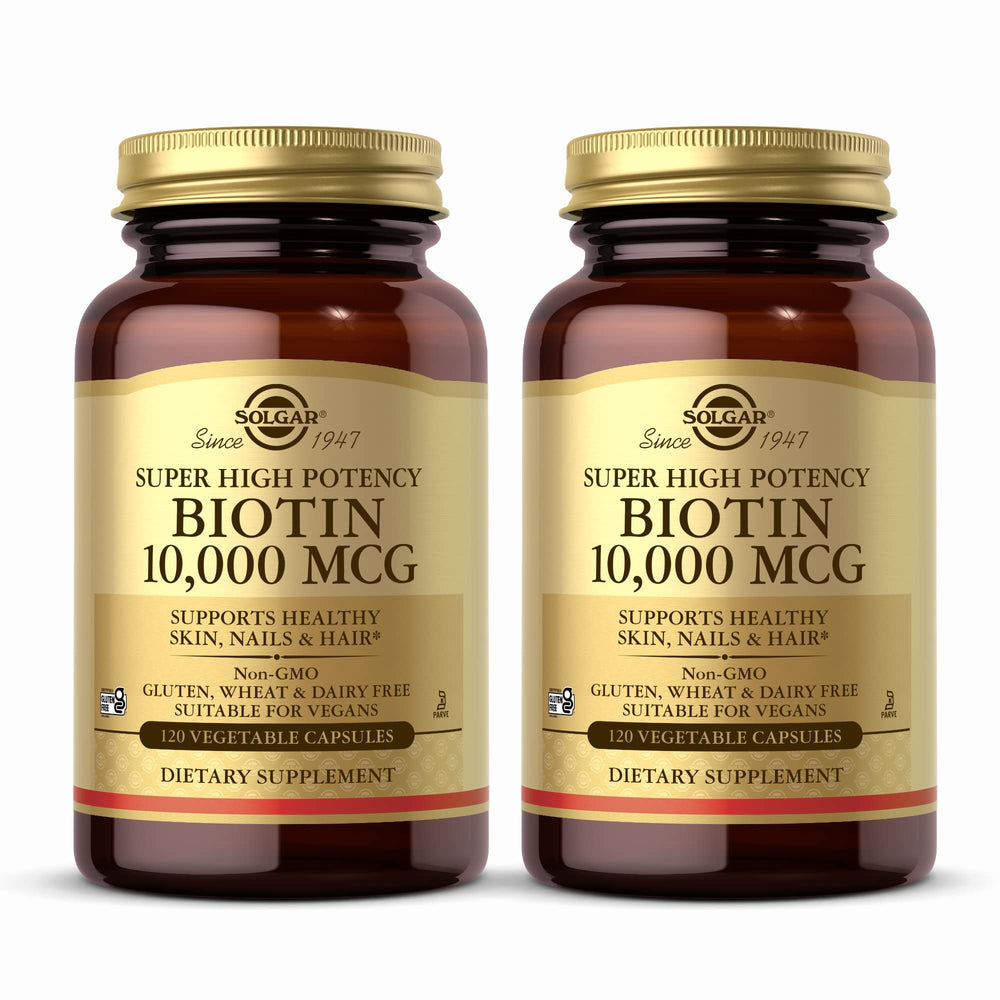 Solgar Biotin 10,000 mcg bottle front view for hair, skin, nails.