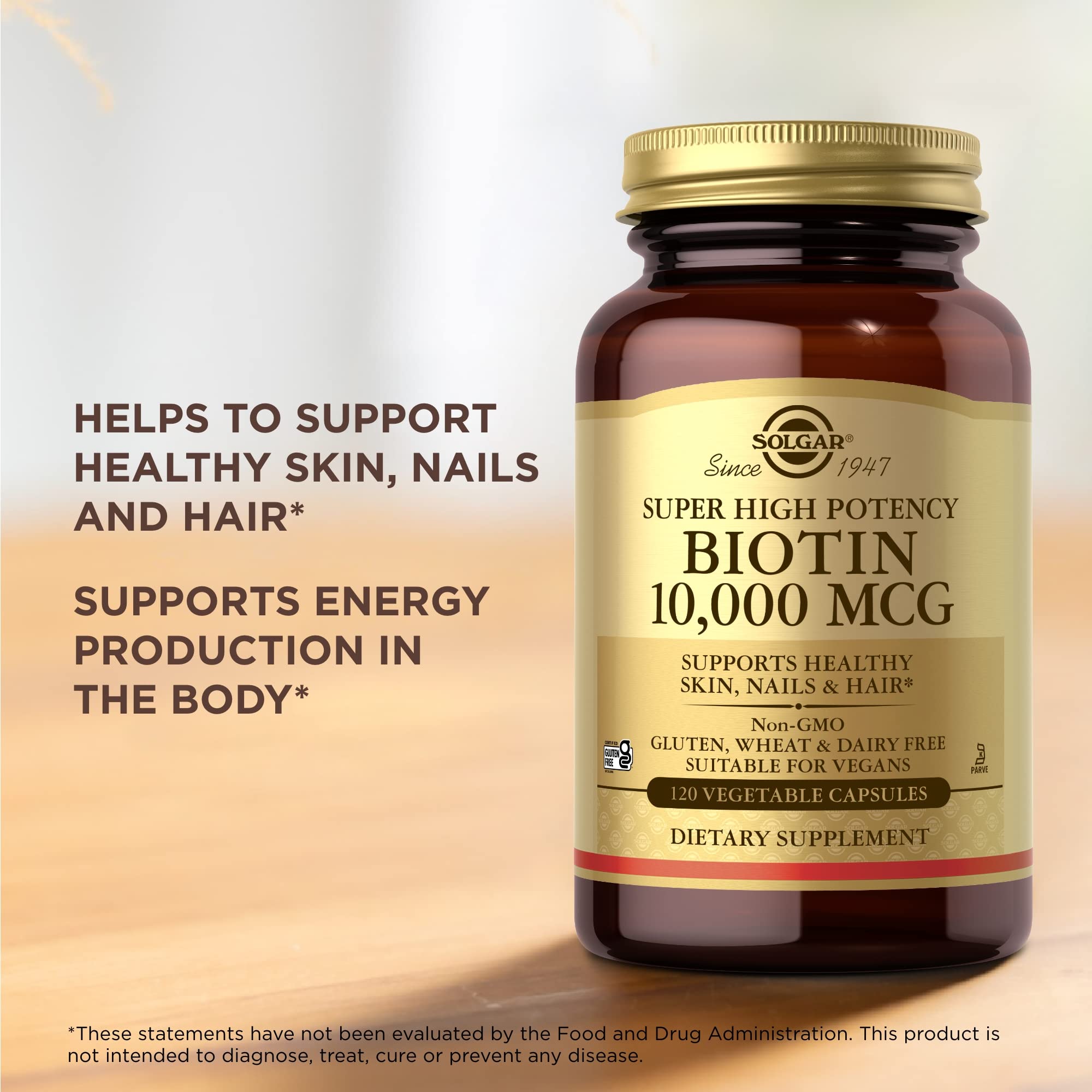 Solgar Biotin ingredients panel shows gluten and dairy free claim.