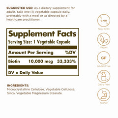 Solgar Biotin label closeup shows dosage for hair, skin, nails support.