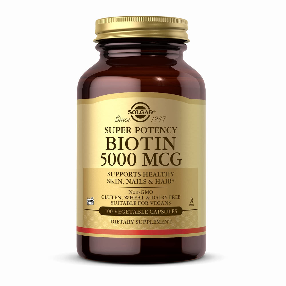 Solgar Biotin 5000 mcg bottle shown for daily skin, nail, and hair support.