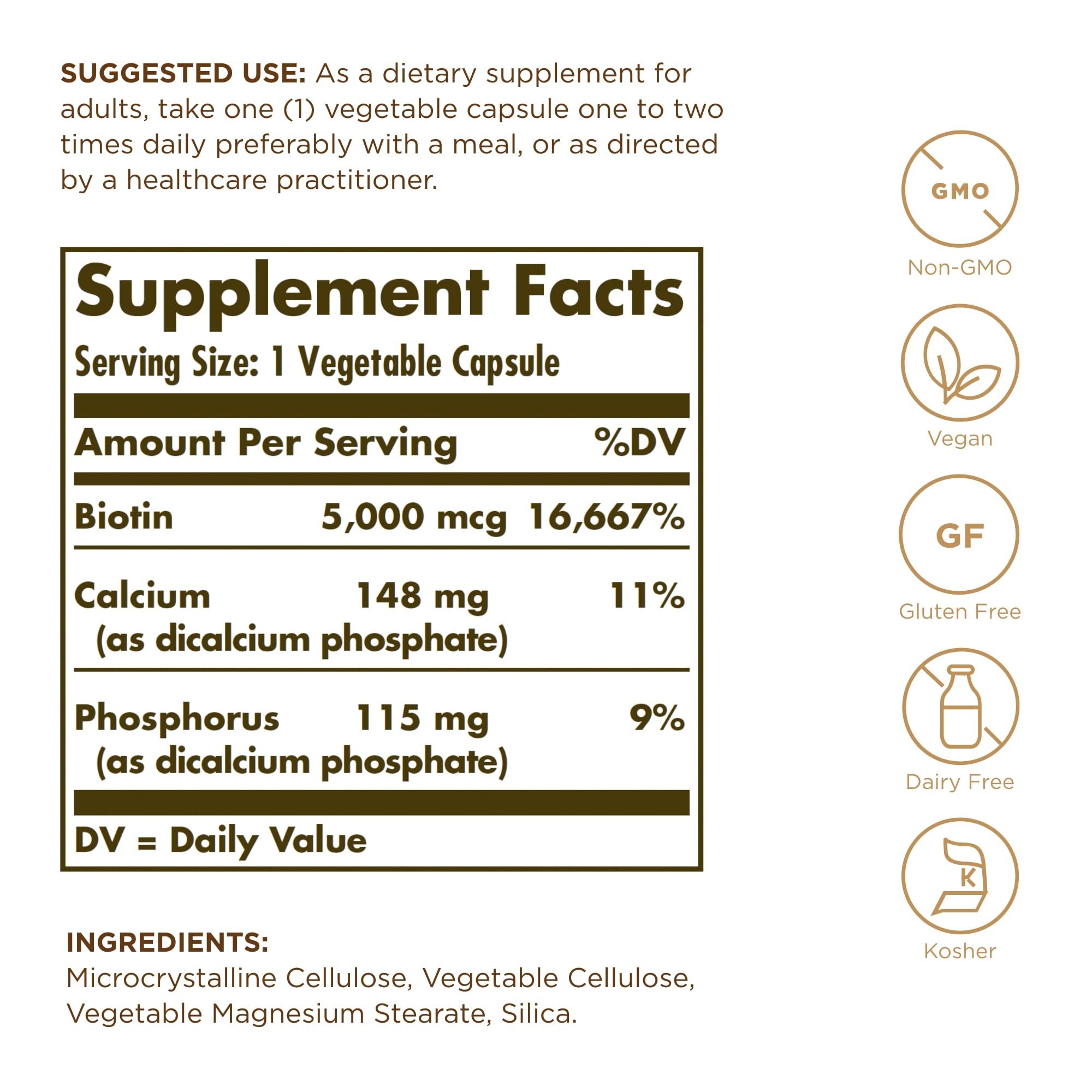 Solgar Biotin 5000 mcg capsules close-up showing vegan capsules.