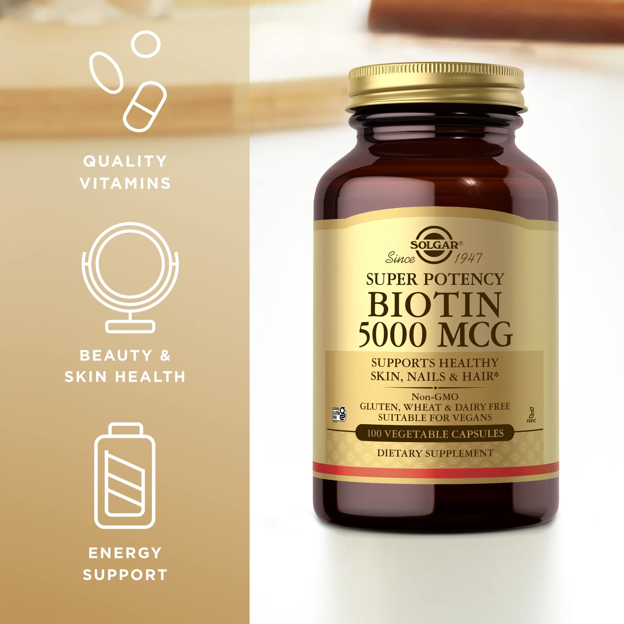 Solgar Biotin 5000 mcg serving illustration highlights 100 servings per bottle.
