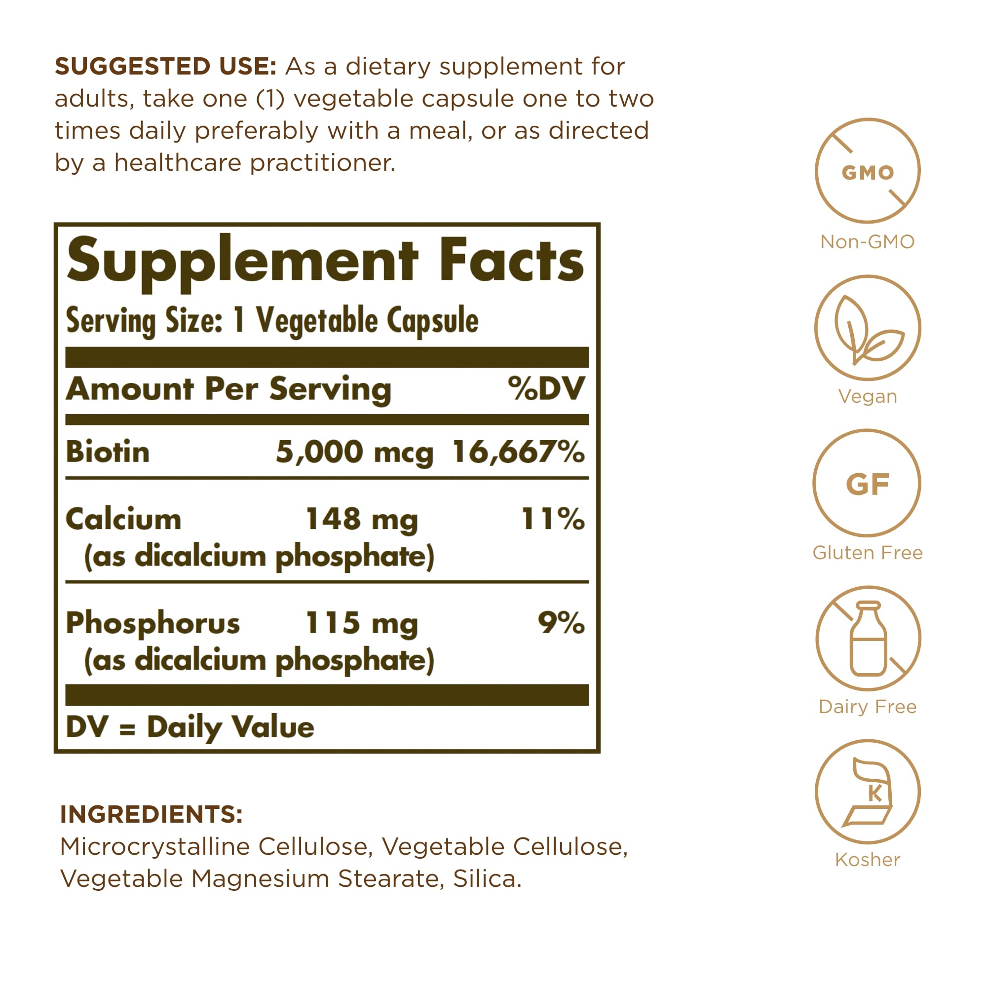 Solgar Biotin 5000 mcg bottle back label with ingredients and certifications