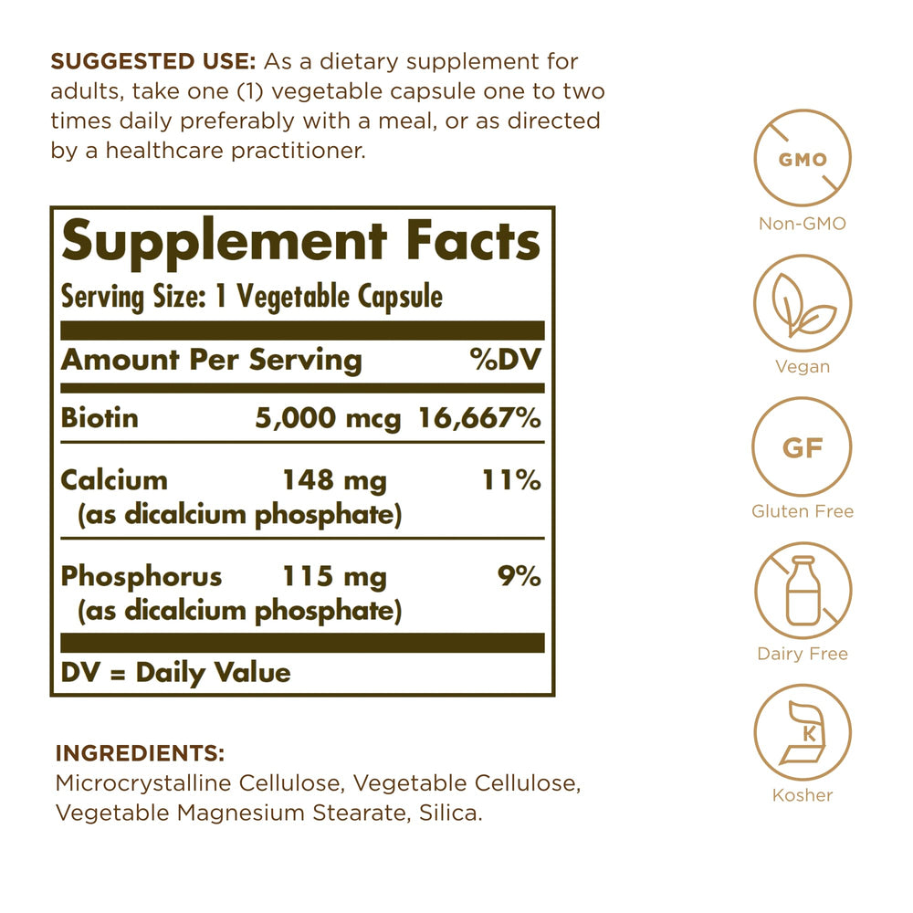 Solgar Biotin 5000 mcg bottle back label with ingredients and certifications