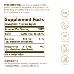 Solgar Biotin 5000 mcg bottle back label with ingredients and certifications