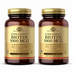 Solgar Biotin 5000 mcg bottle front view highlighting potency