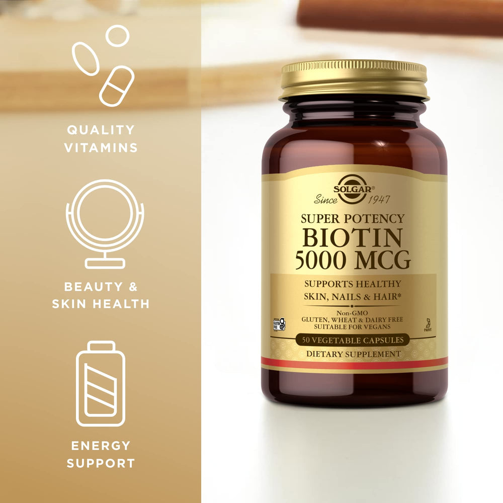 Solgar Biotin bottle on vanity for daily wellness