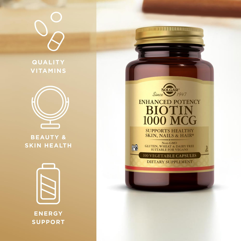 Solgar Biotina Potencia Mejorada, cápsula vegetal en primer plano, uso diario cómodo.