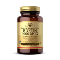 Solgar Biotina Potencia Mejorada, frente de la botella, apoyo al metabolismo de nutrientes.