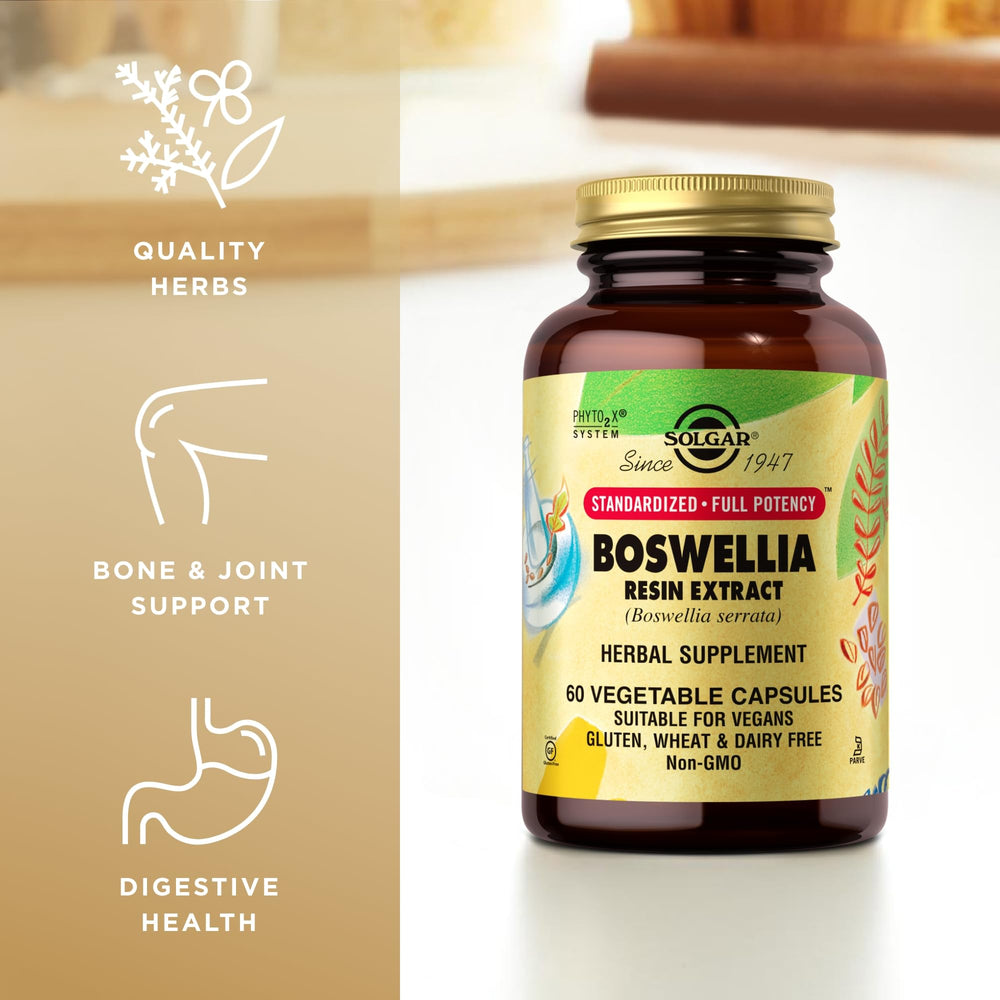 Solgar Boswellia Resin Extract bottle showing kosher certification on label.