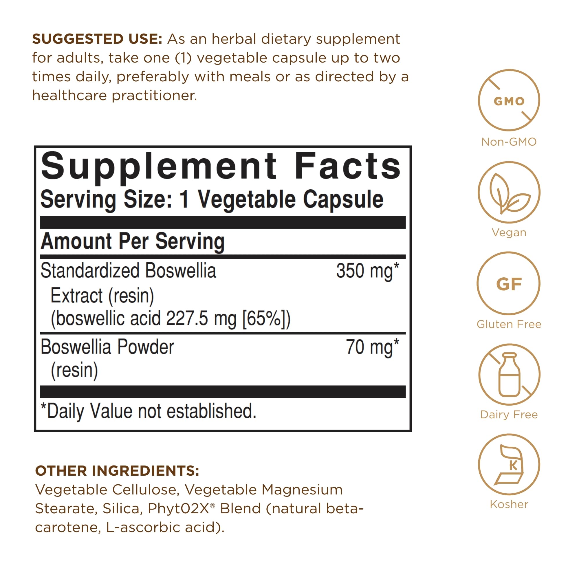 Solgar Boswellia Resin Extract label close-up highlighting standardized full potency.