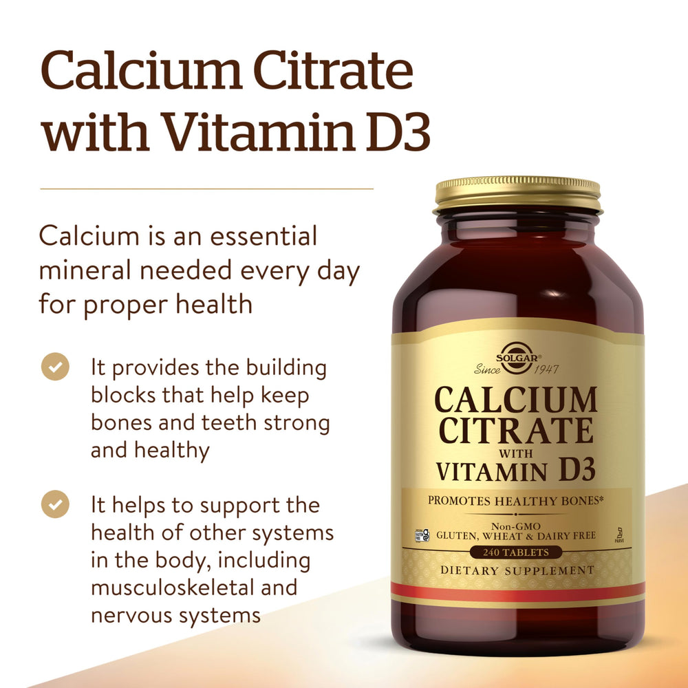 Solgar Calcium Citrate D3 bottle dispensing demonstrates convenient daily bone care.