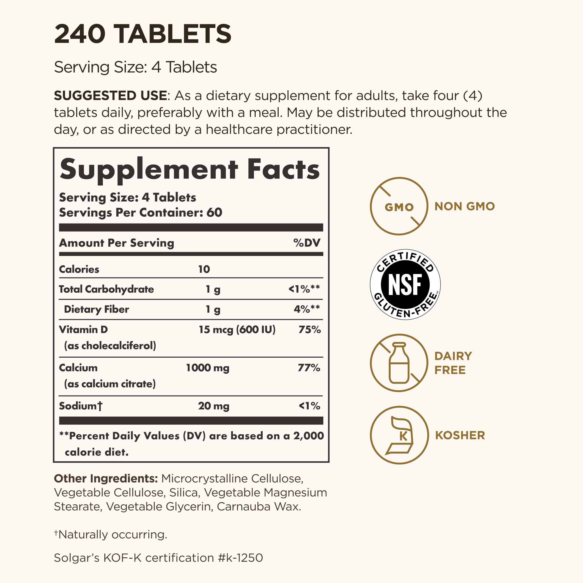 Solgar Calcium Citrate D3 tablets close-up shows easy-to-swallow mineral support.