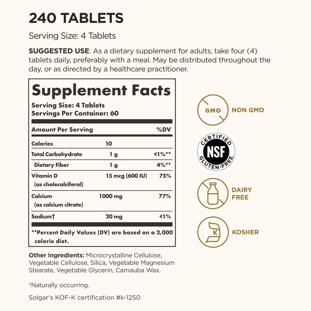 Solgar Calcium Citrate D3 tablets close-up shows easy-to-swallow mineral support.