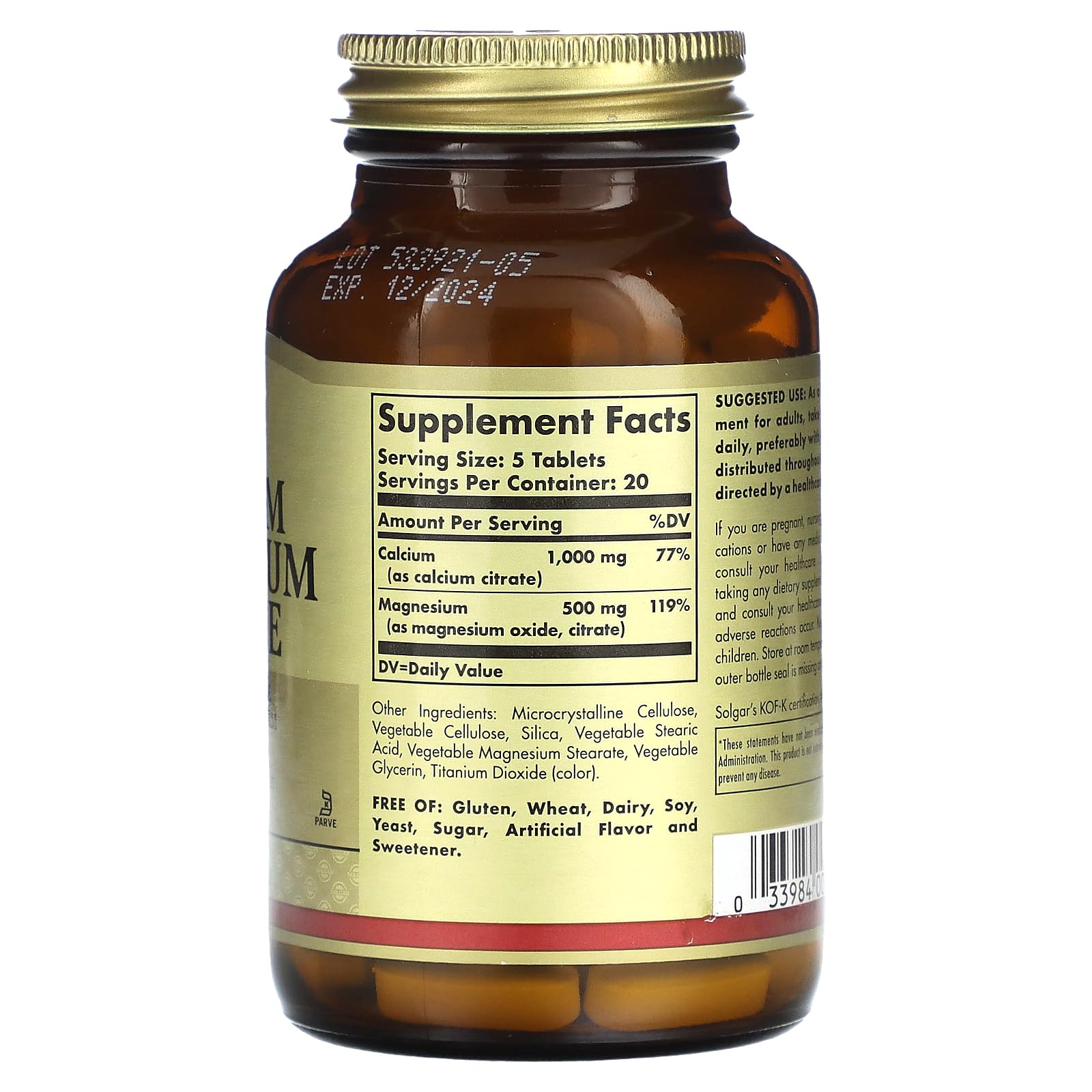 Solgar back label view with ingredients and serving information for informed use.