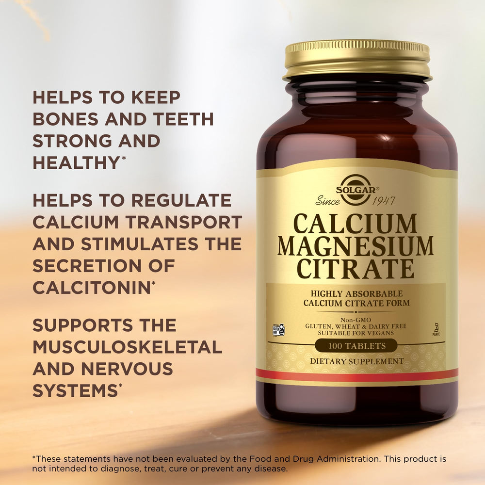Solgar Calcium Magnesium Citrate packaging image focusing on gluten-free and kosher status
