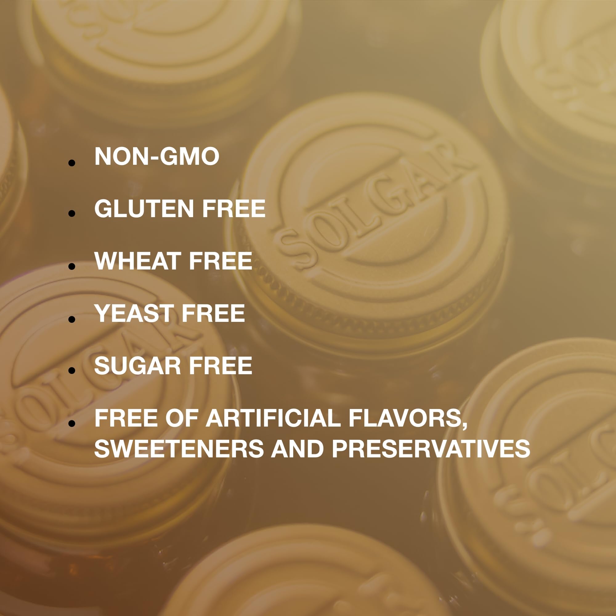 Solgar seals highlight non-GMO vegan gluten-free credentials.