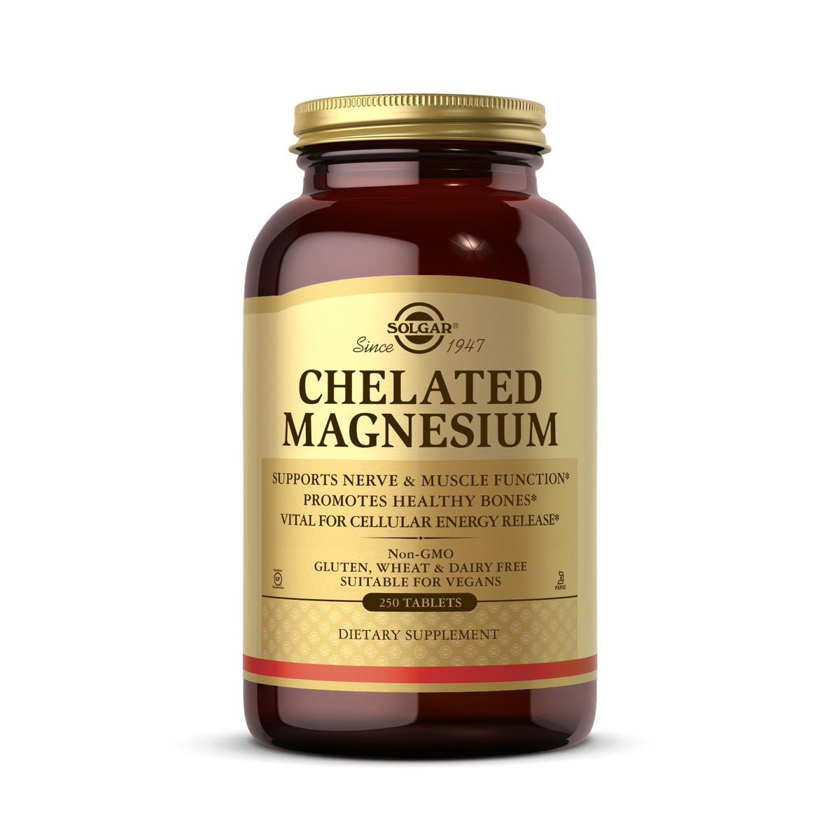 Solgar Chelated Magnesium tablets bottle for daily mineral support and bone health.
