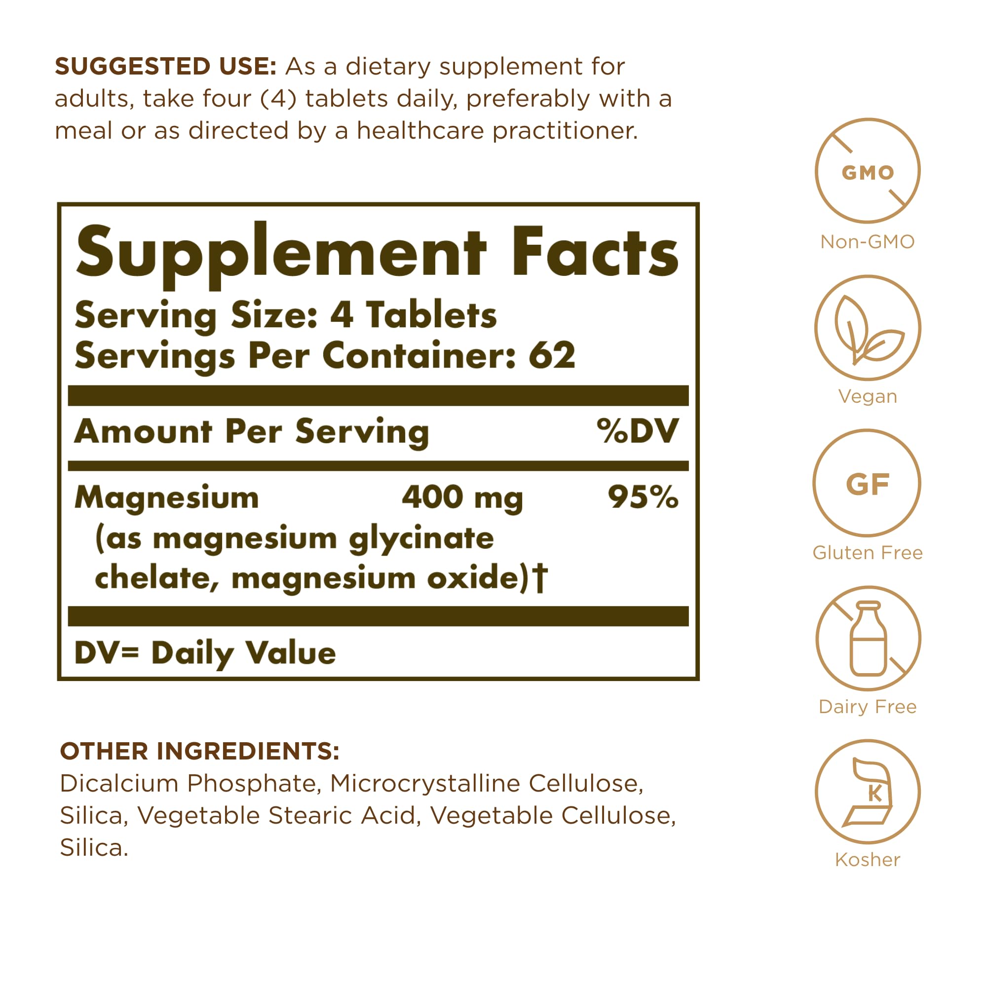 Solgar Chelated Magnesium label detailing ingredients and benefits.