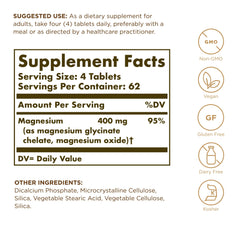 Solgar Chelated Magnesium label detailing ingredients and benefits.