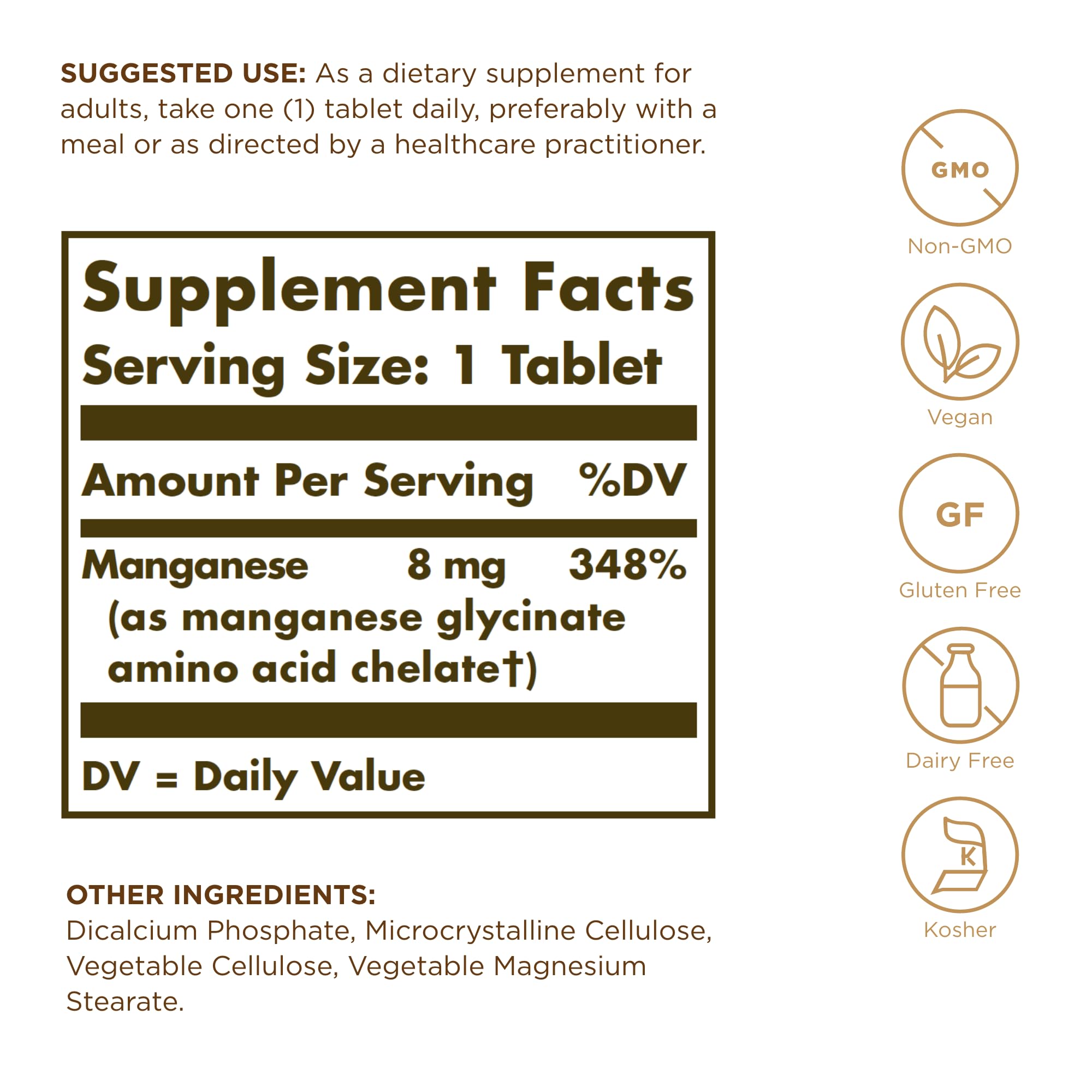 Solgar Chelated Manganese bottle label detail highlights gluten-free vegan formula