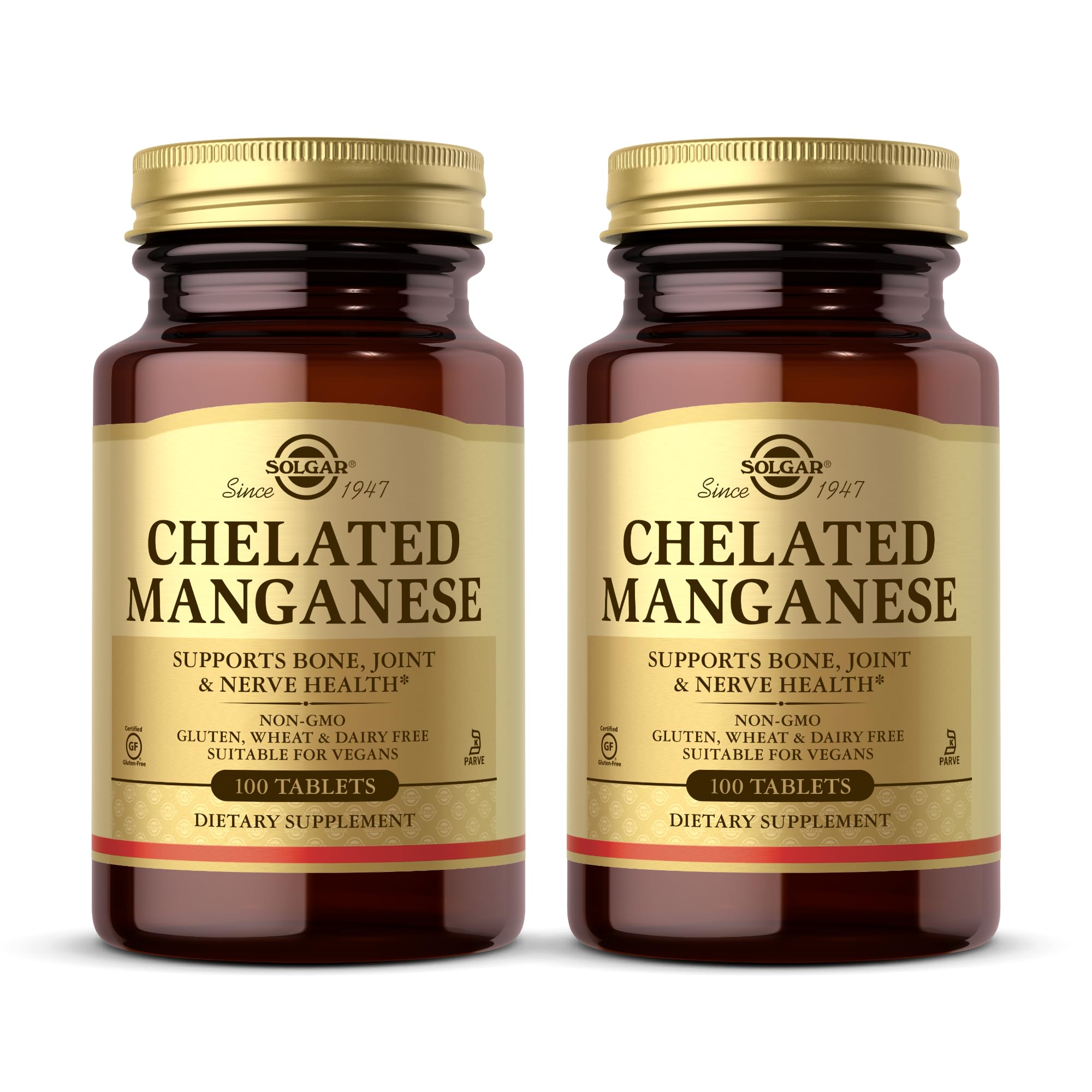 Solgar Chelated Manganese bottle label highlights quality packaging for bone and joint health.