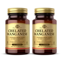Solgar Chelated Manganese bottle label highlights quality packaging for bone and joint health.