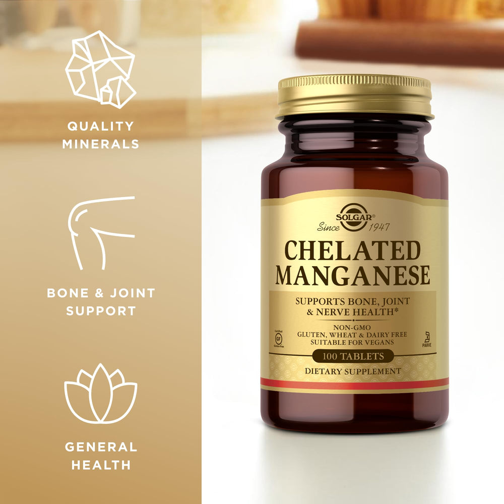 Solgar Chelated Manganese ingredient panel lists chelated form and antioxidant notes.