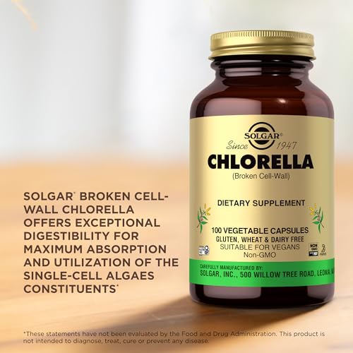 Solgar Chlorella 520mg ingredients panel, showcasing natural greens