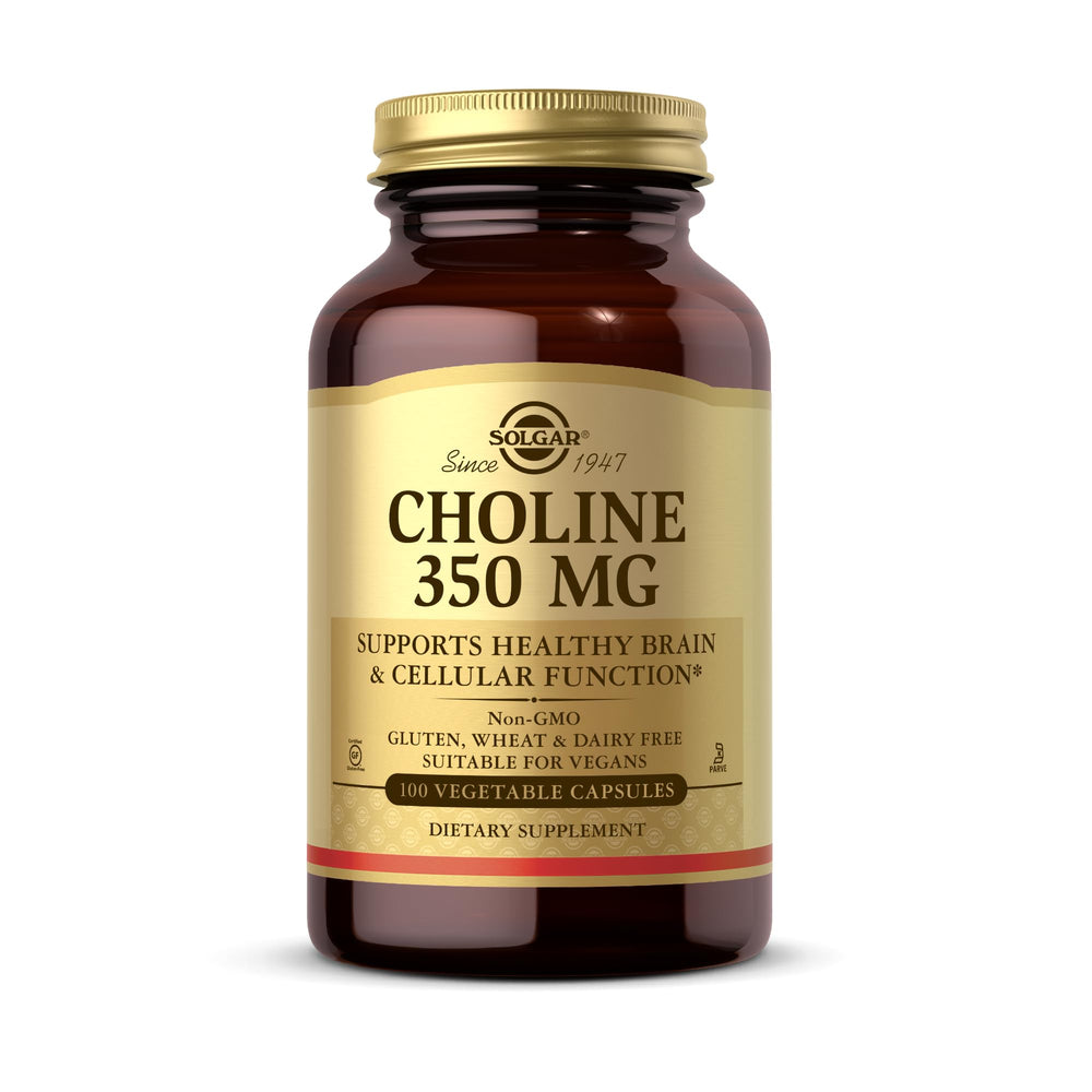 Solgar Choline 350 mg bottle label shows vegan, non-GMO capsules for brain support