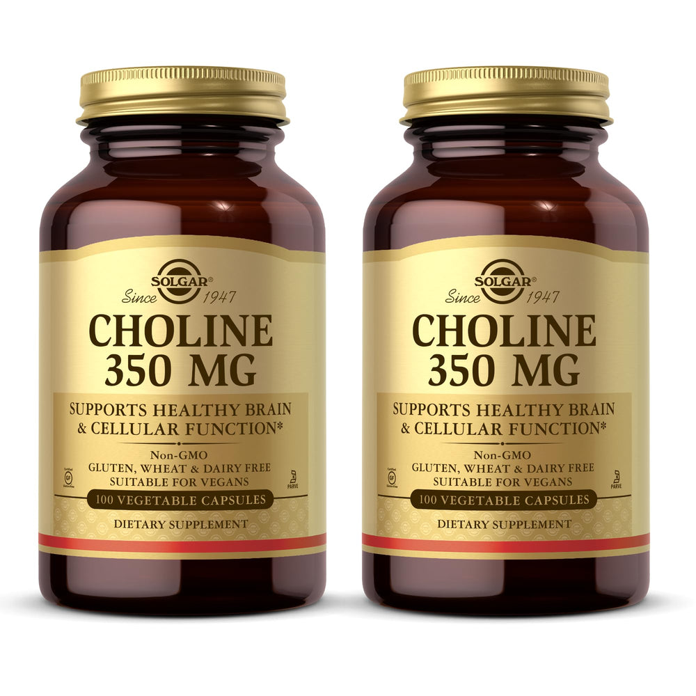 Solgar Choline 350 mg bottle with secure cap, potential support for brain health.