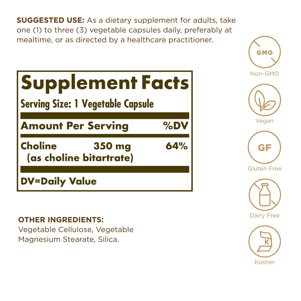 Solgar Choline 350 mg label highlights ingredients and quality, signaling vegan and non-GMO credentials.