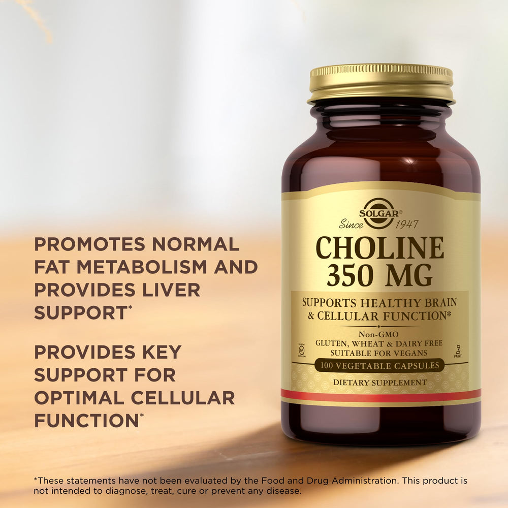 Solgar Choline 350 mg veggie capsules neatly arranged beside a nutrition panel