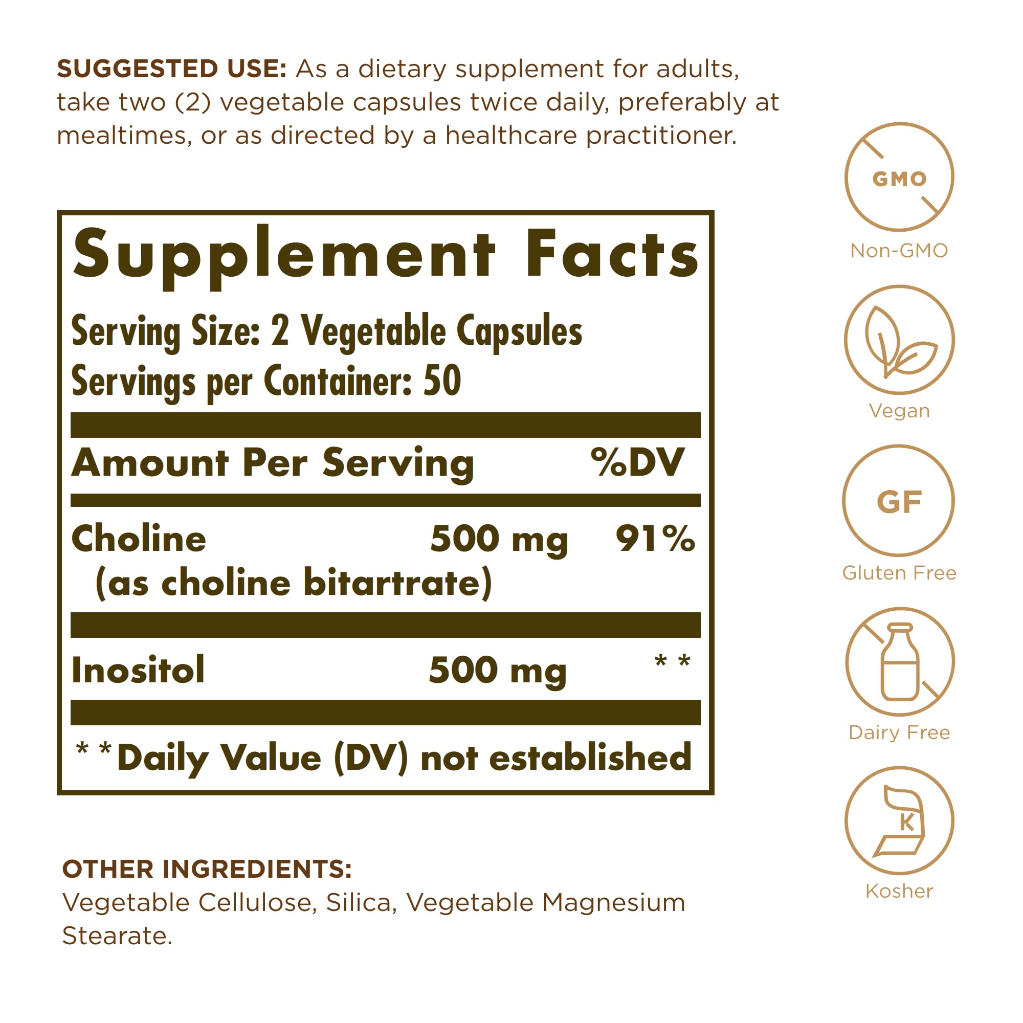 Solgar Choline/Inositol capsules close-up highlighting vegan capsules