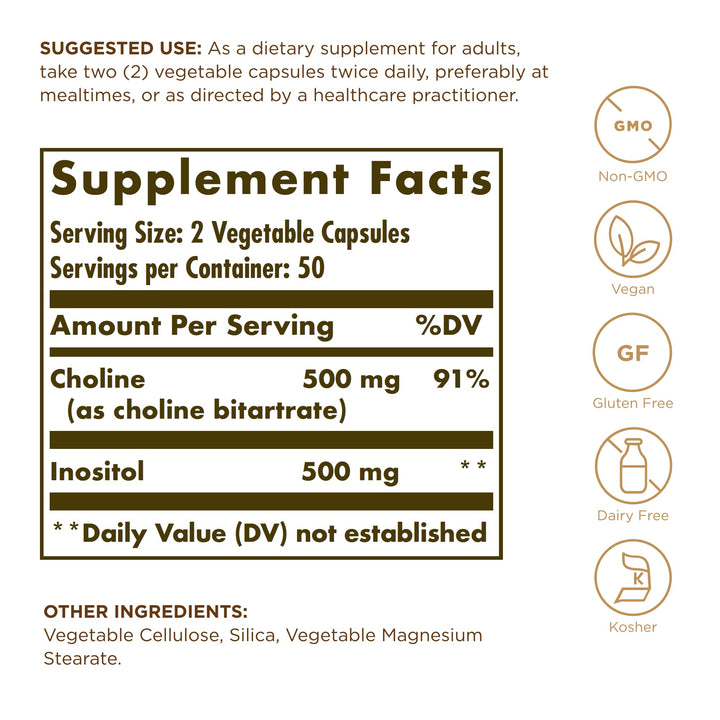 Solgar Choline/Inositol capsules close-up highlighting vegan capsules