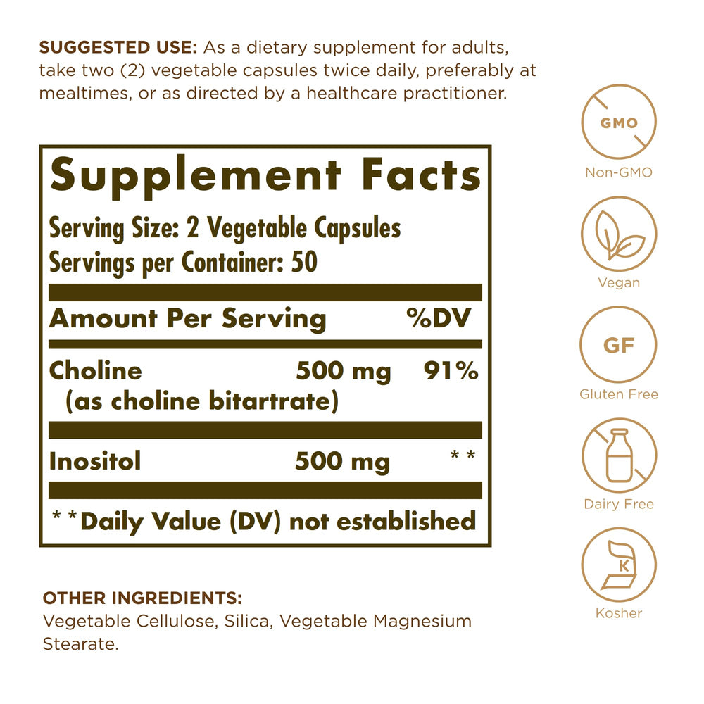 Solgar Choline/Inositol capsules close-up highlighting vegan capsules