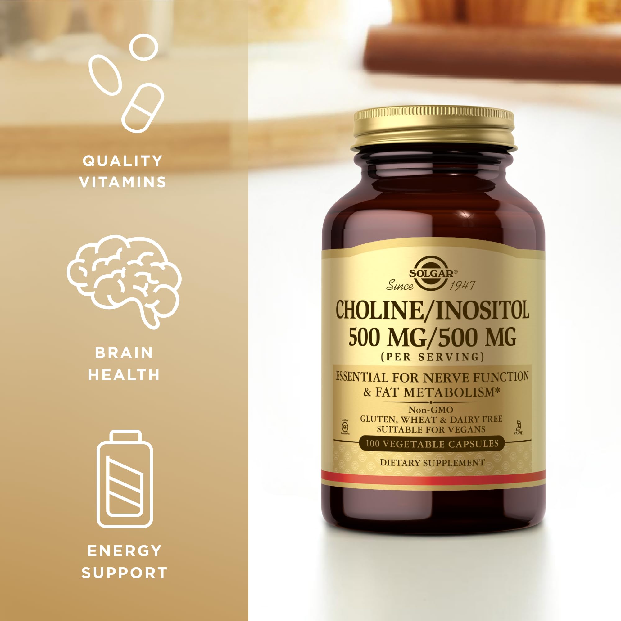 Solgar Choline/Inositol capsules in bottle for daily intake