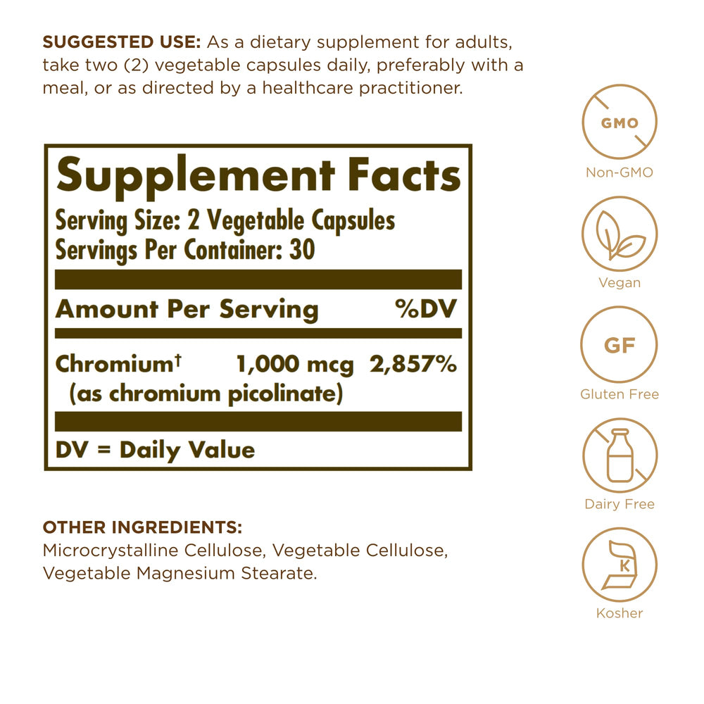 Solgar Chromium Picolinate 500mcg capsules, easy-to-take vegetarian capsules