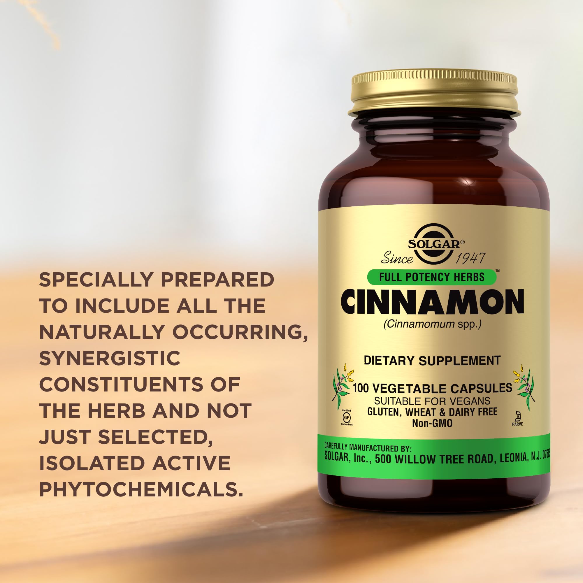 Solgar Cinnamon bottle display with label, wheat- and dairy-free formula.
