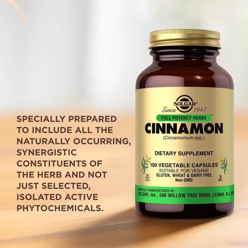 Solgar Cinnamon bottle display with label, wheat- and dairy-free formula.
