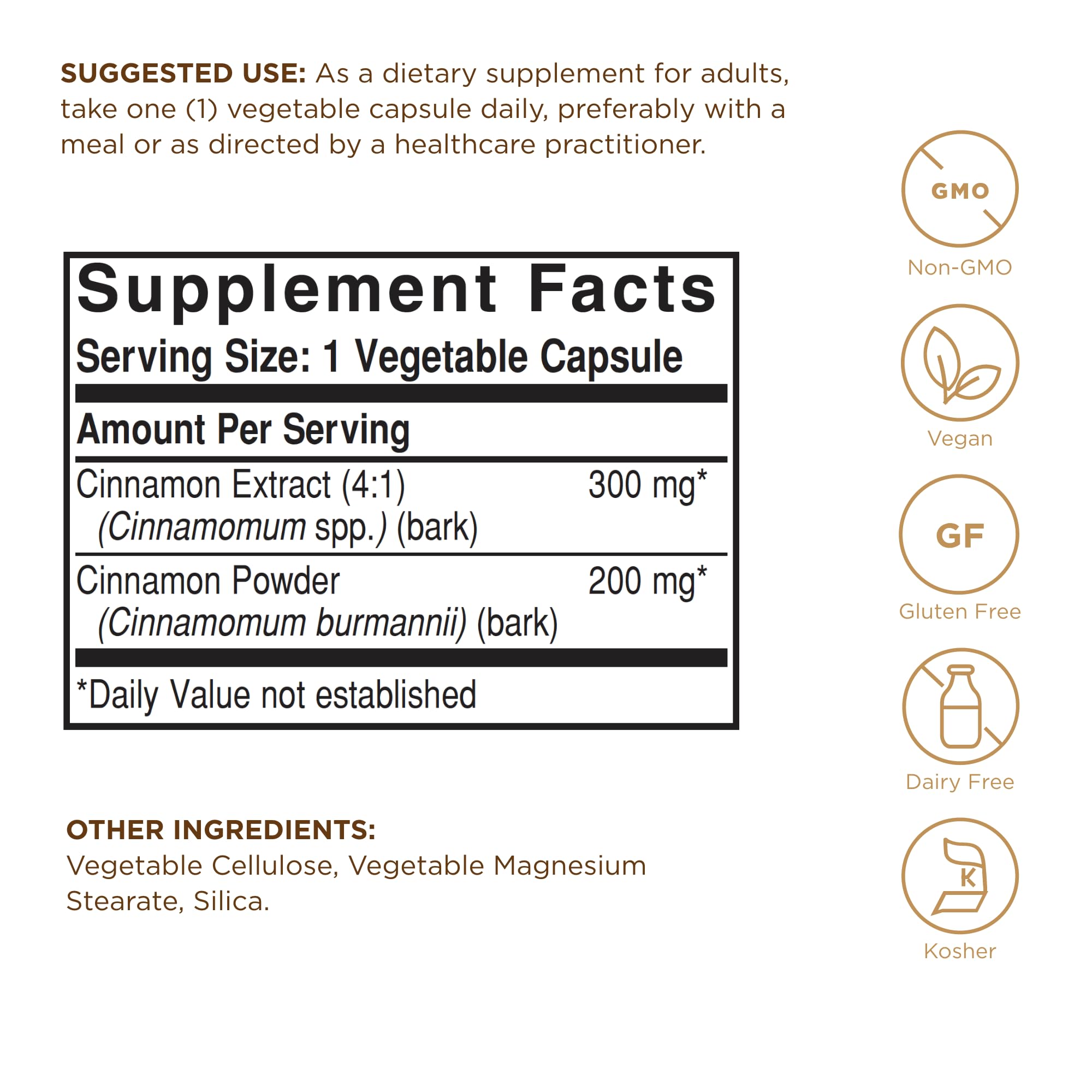 Solgar Cinnamon capsules close-up highlighting vegan, non-GMO formula.