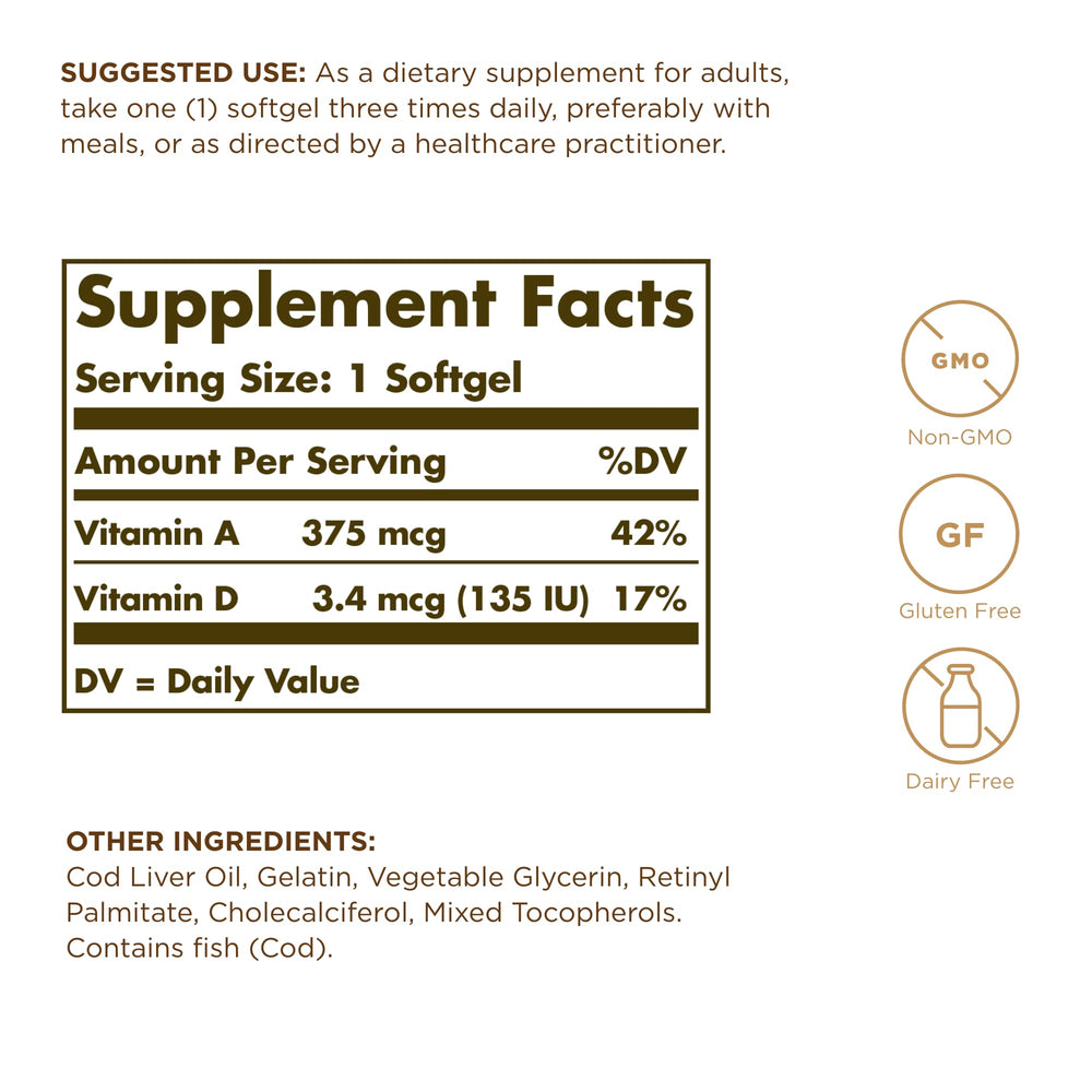 Solgar Cod Liver Oil softgels closeup showing smooth capsules and purity.