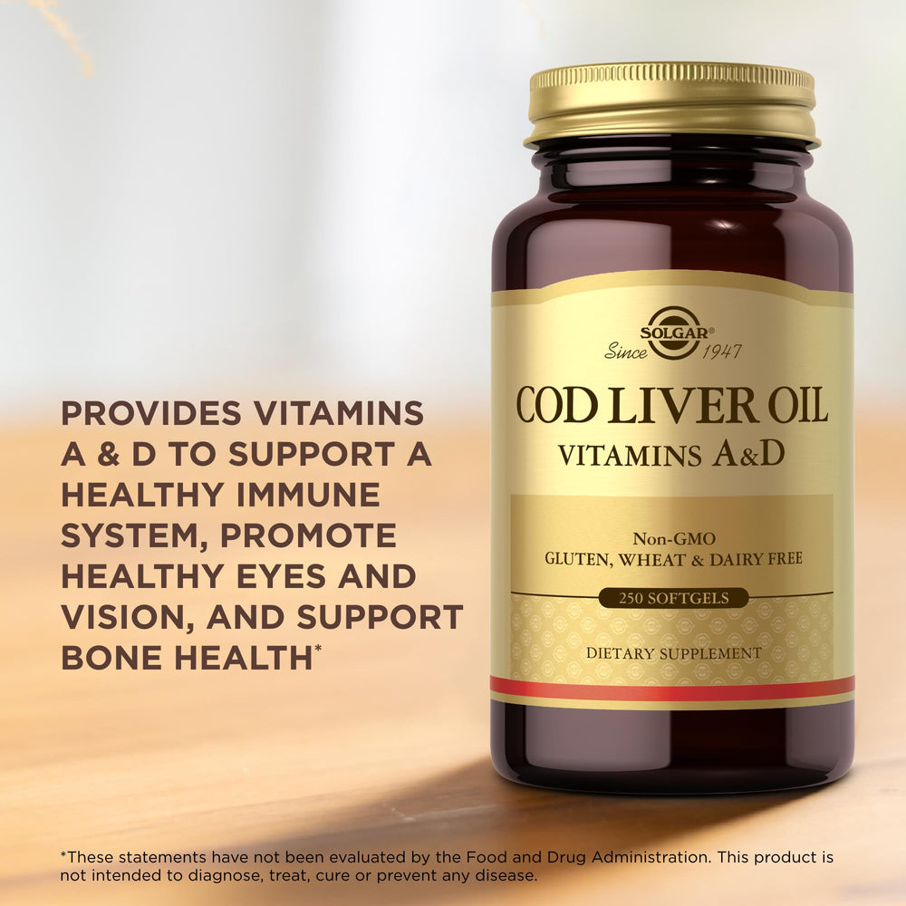 Solgar Cod Liver Oil softgels being poured for easy daily use.