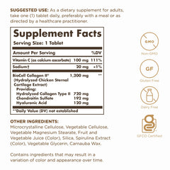 Solgar Collagen Hyaluronic Acid Complex bottle label closeup highlighting non-GMO and gluten-free features