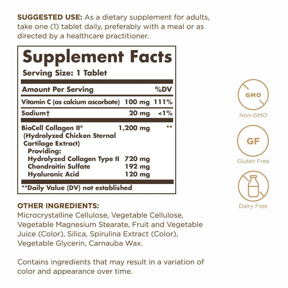 Solgar tablets close-up highlighting hydrolyzed collagen type 2 benefits.