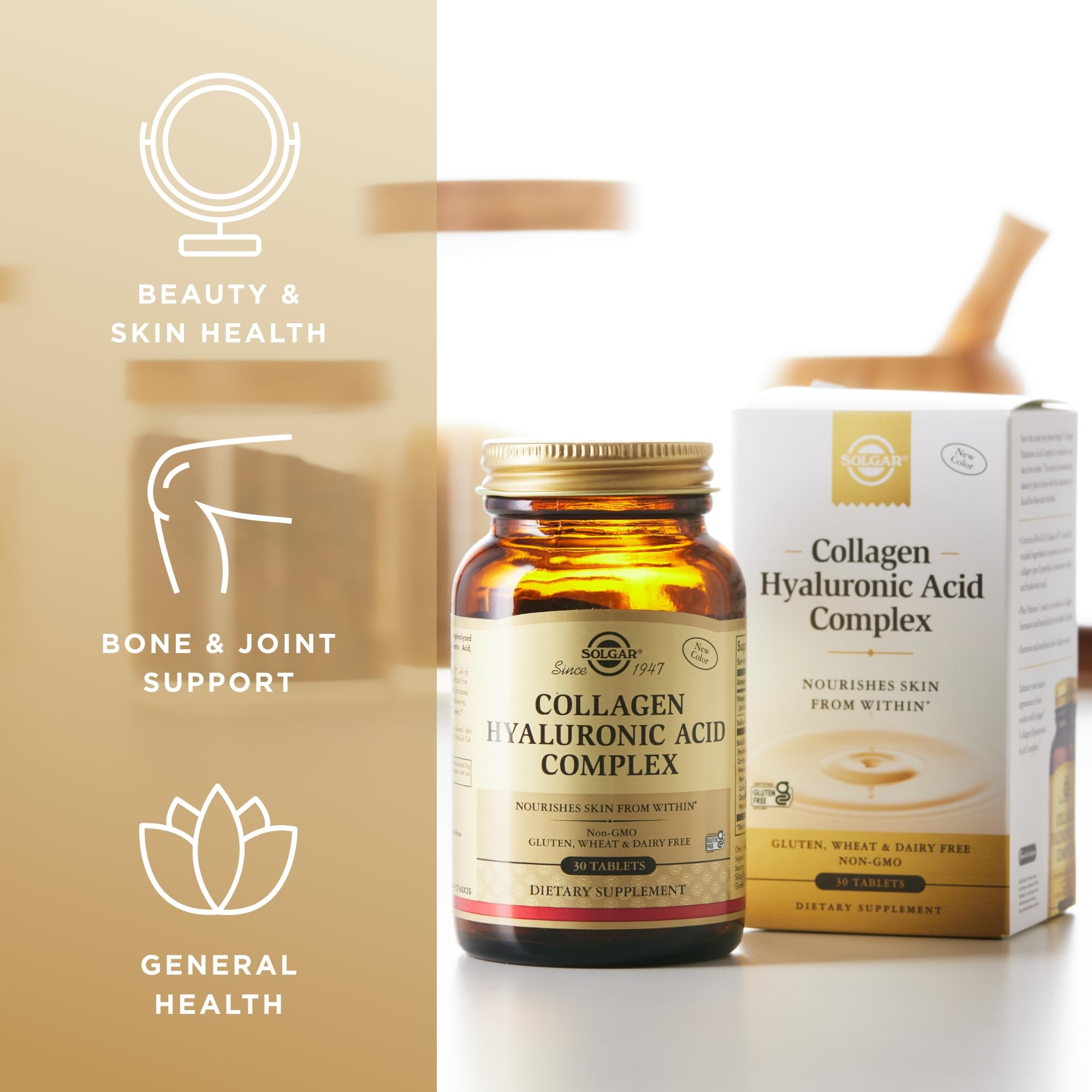 Solgar Collagen Hyaluronic Acid Complex tablets on table suggest an easy daily routine