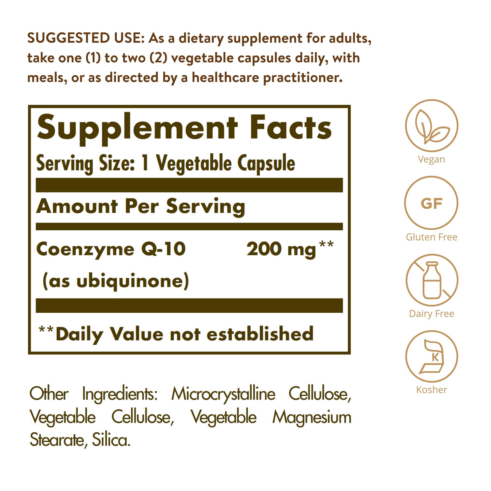 Solgar CoQ-10 label close-up highlighting vegan, kosher formulation.