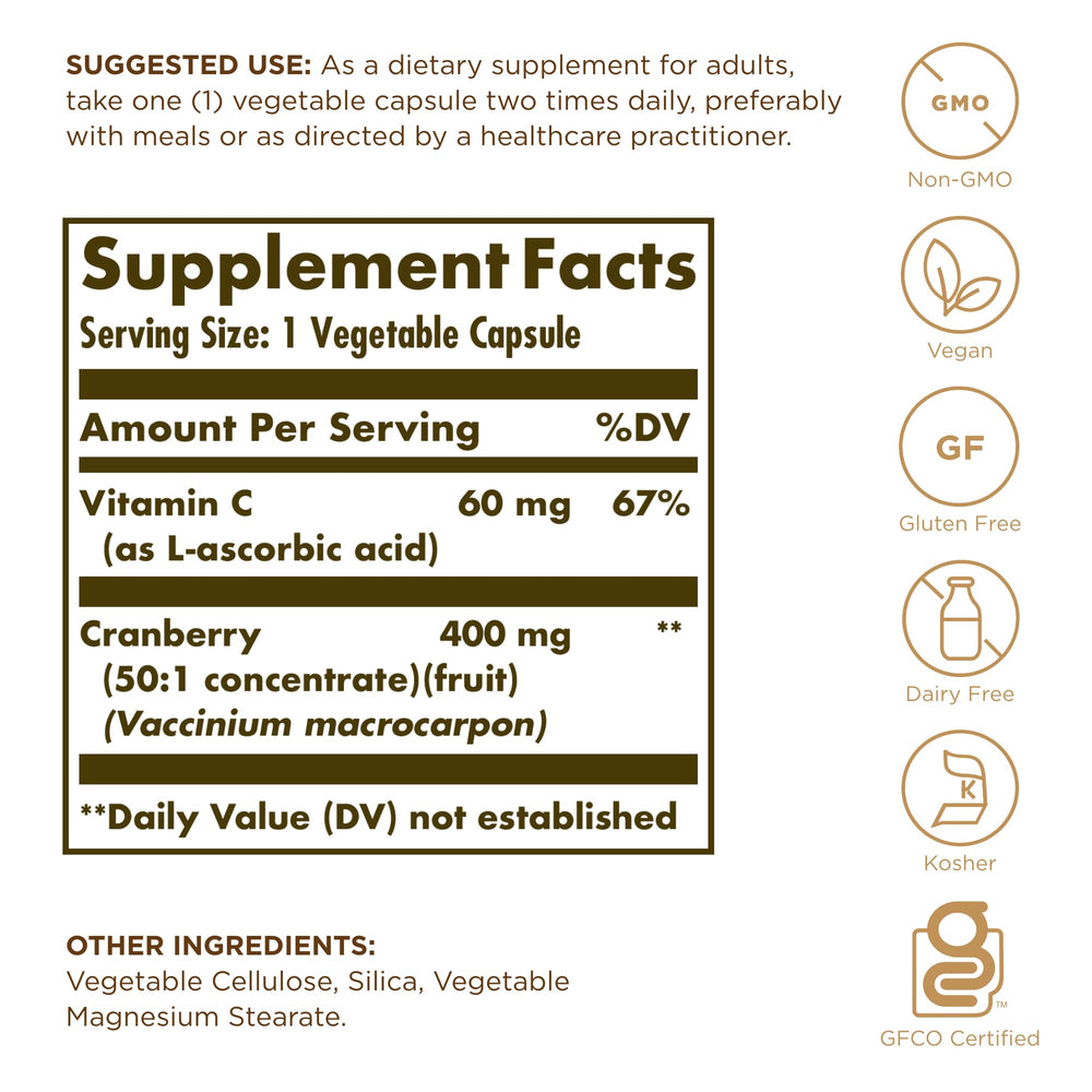 Solgar Cranberry with Vitamin C capsules closeup for daily urinary health routine.